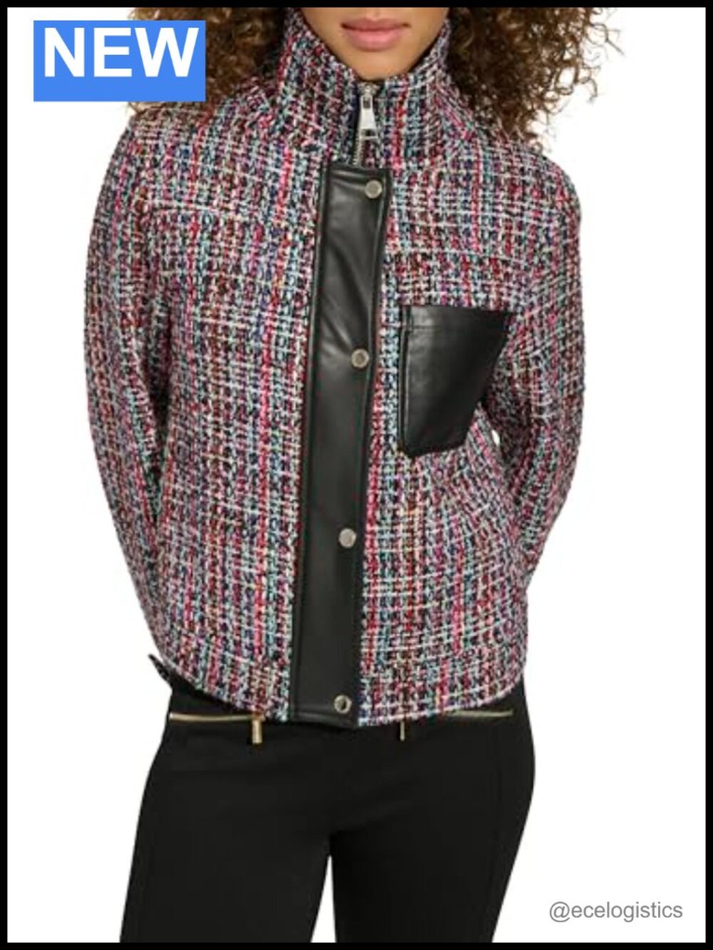Karl Lagerfeld Tweed Jacket Funnel Collar Long Sleeve Slim Fit